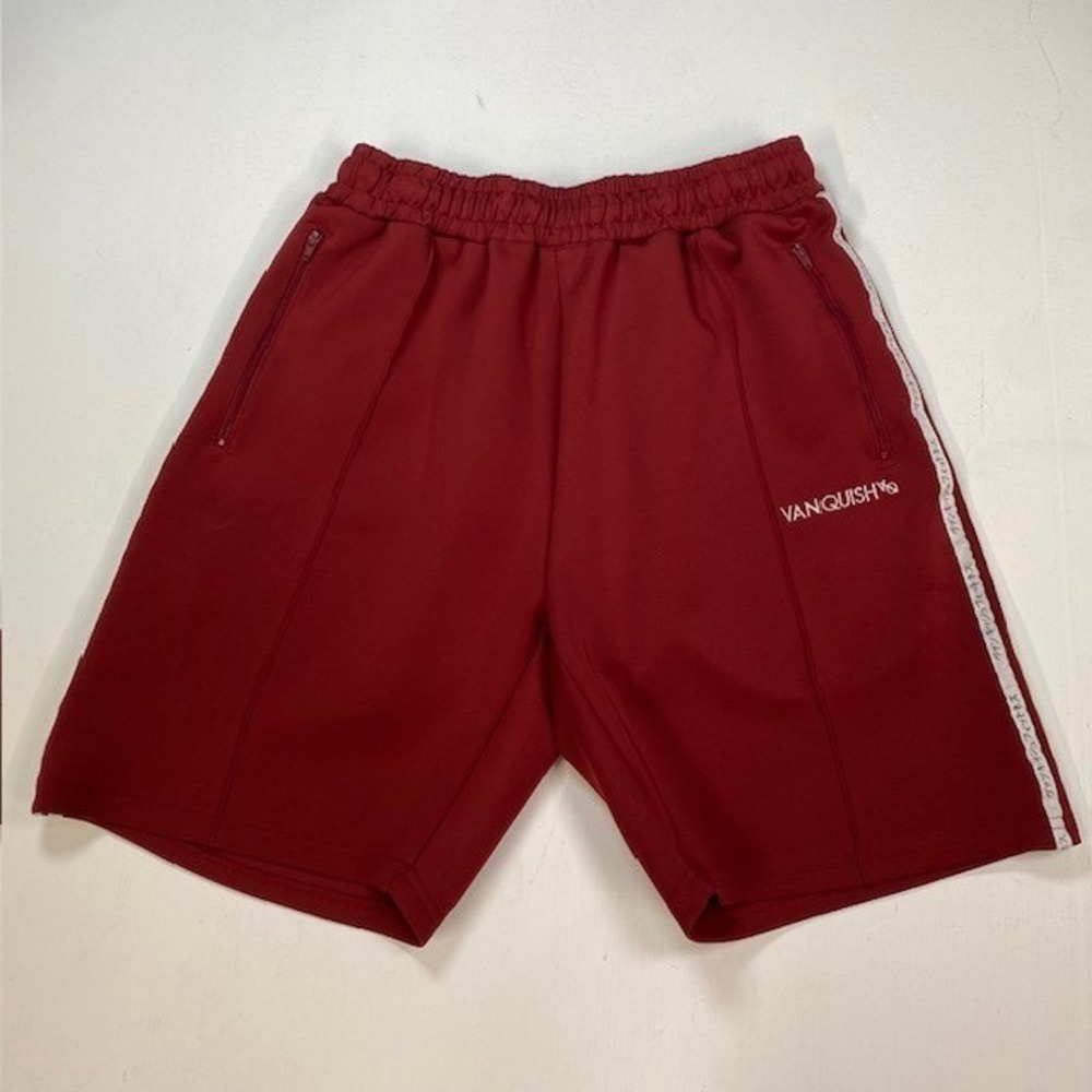 Vanquish Fitness Mens Large Burgundy Red Logo Tape Zipper Pocket Athletic Shorts